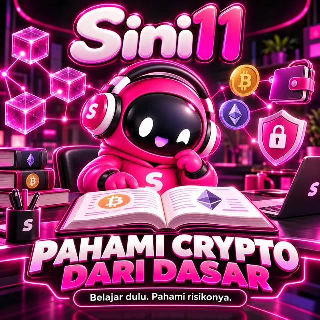 SINI11 maskot robot pink mempelajari blockchain, wallet, dan keamanan crypto